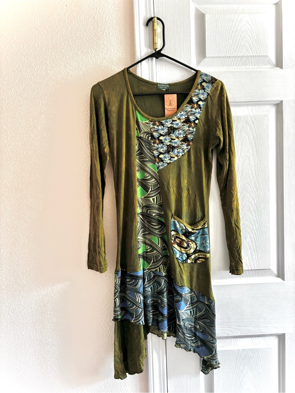 Kathmandu Olive Green Patchwork Asymmetrical Long-Sleeve Dress